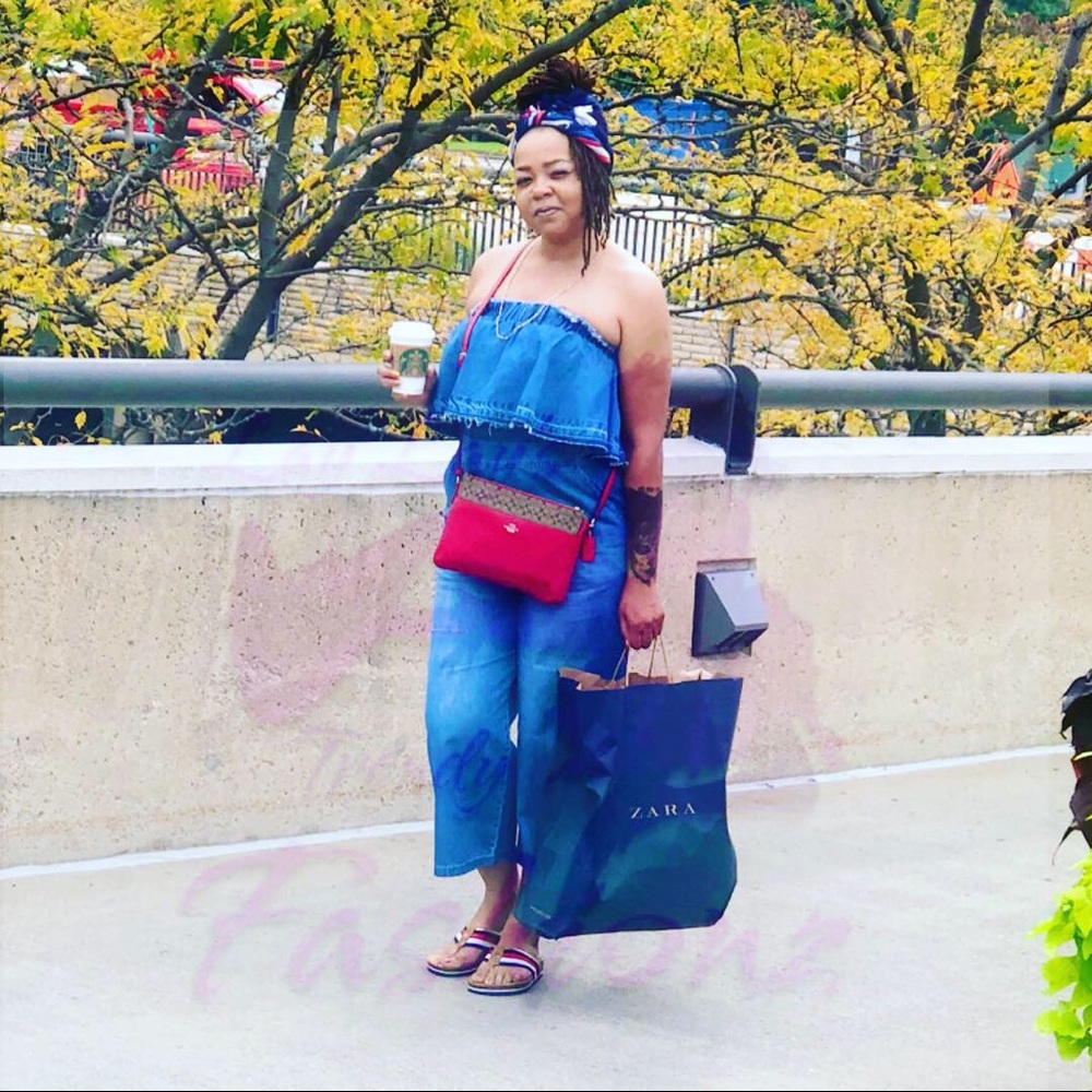 Off the Shoulder Denim Jumpsuit- DARK DENIM - Picture 2 of 7